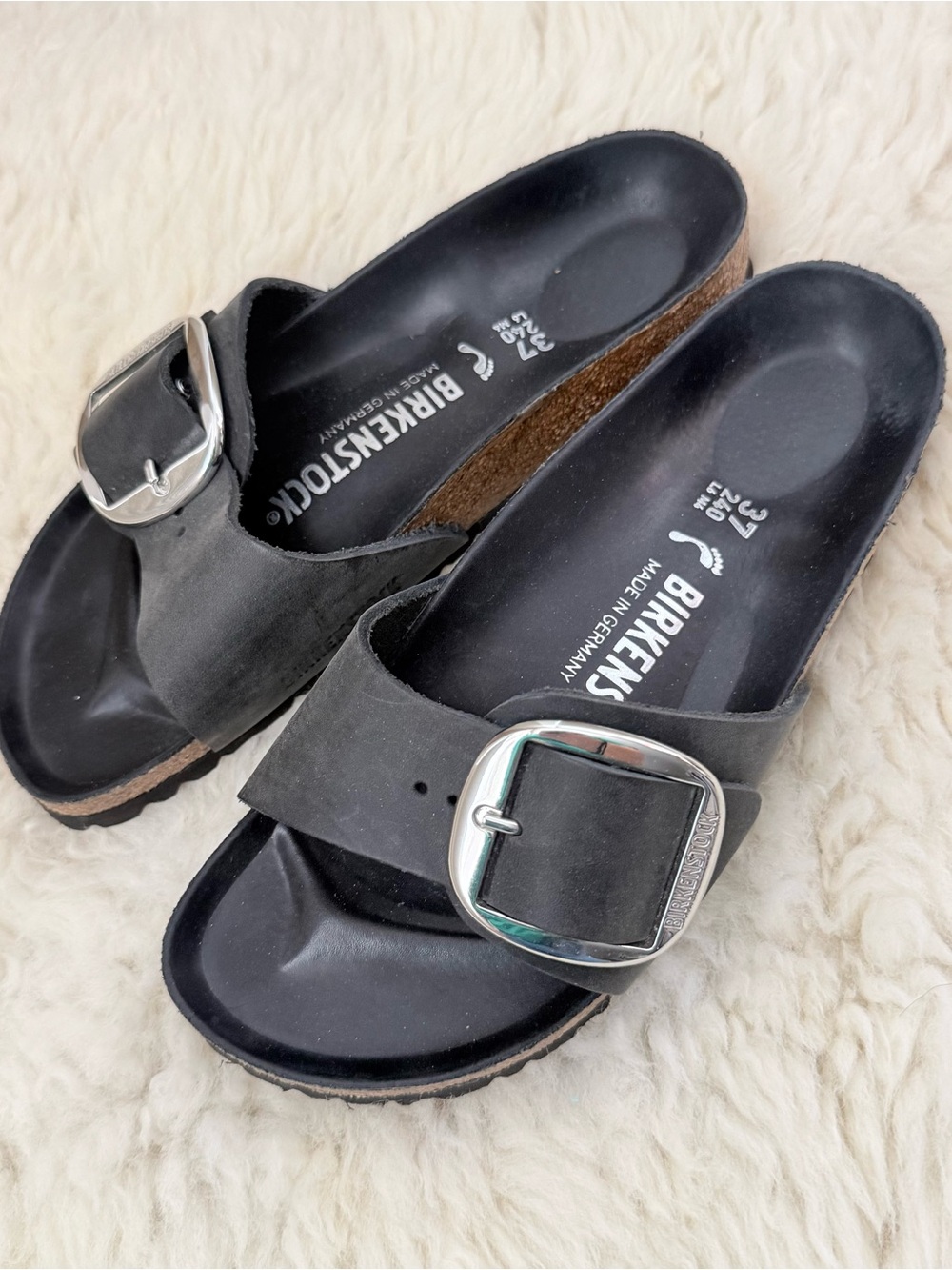 Birkenstock Madrid Big Buckle Sandals in Black with Silver Buckles Size 37